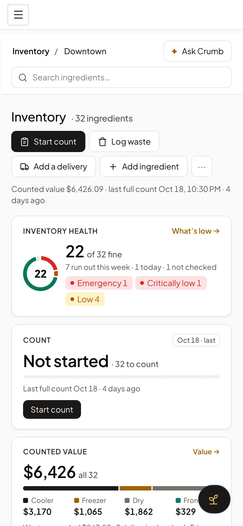 Inventory on a phone, light: start count, log waste, add a delivery, inventory health 22 of 32 fine, count not started