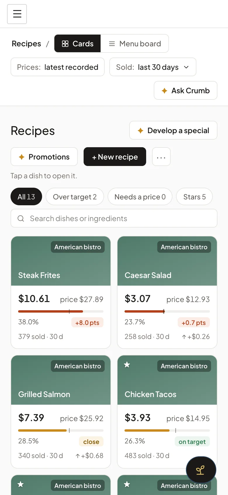 Recipes on a phone: Steak Frites and Caesar Salad with cost, price and food cost