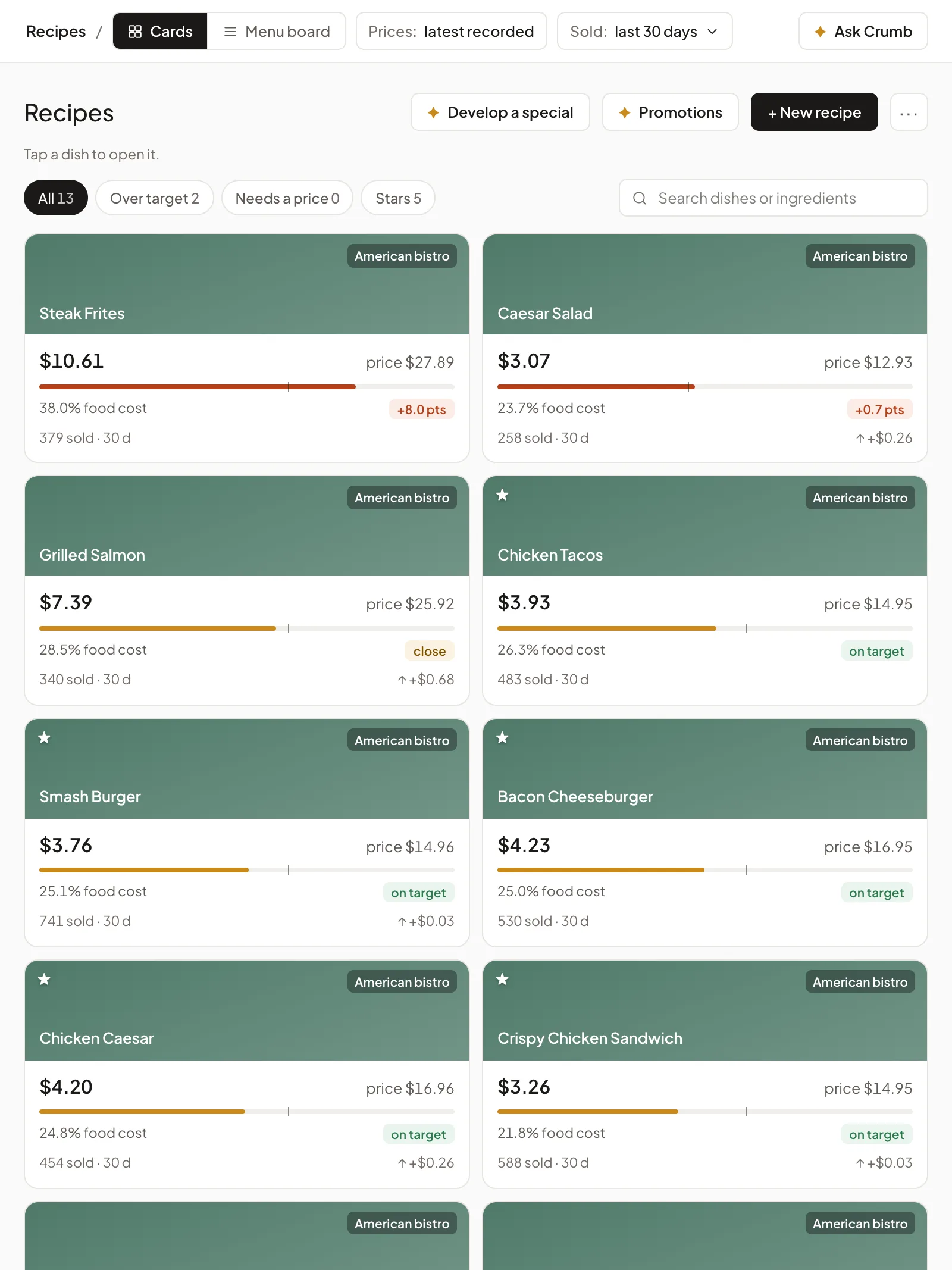 Recipes on an iPad: dish cards with cost, price and food-cost %