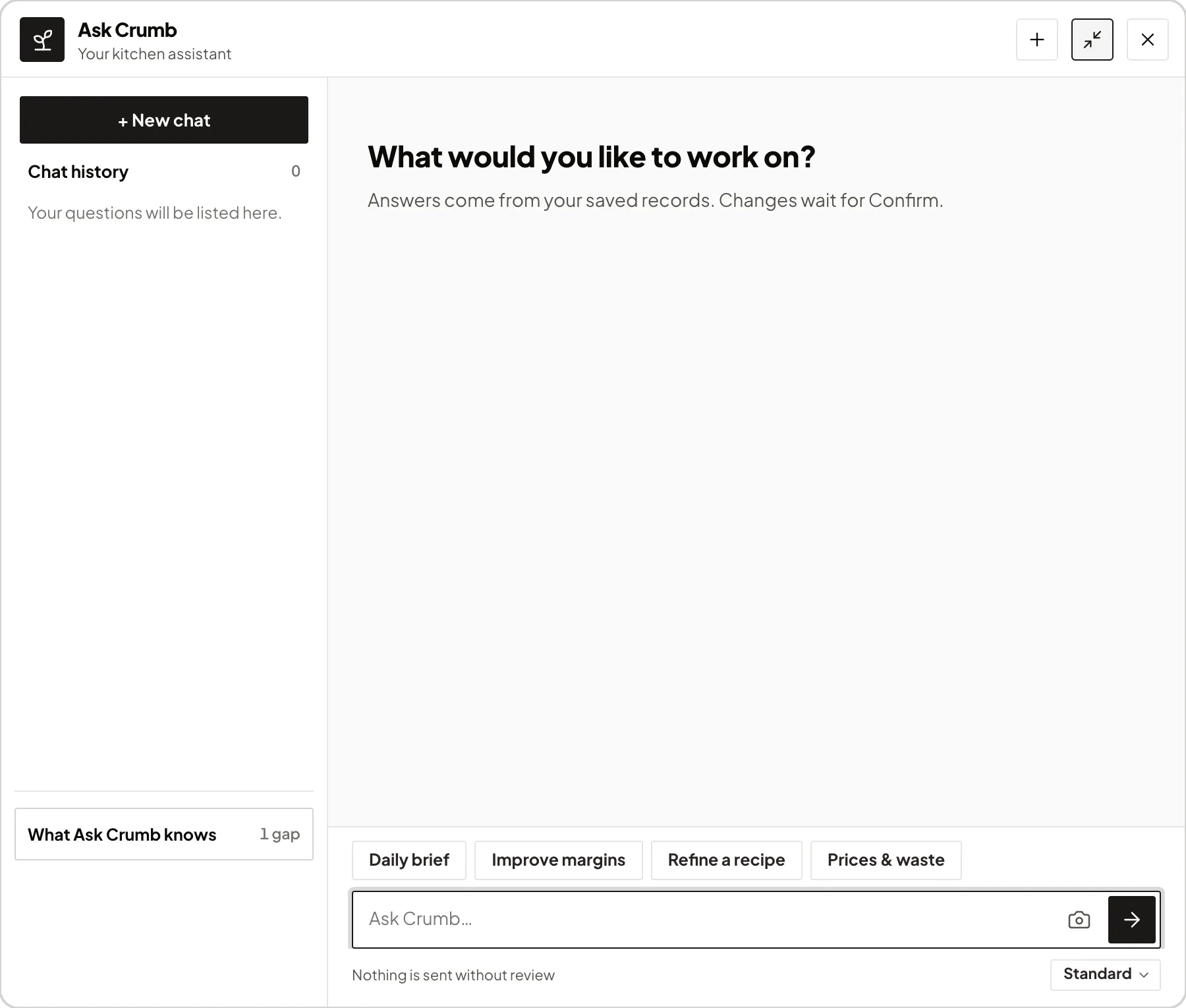 The Ask Crumb window: new chat and chat history, what Ask Crumb knows; the question box with a camera button and four starters, daily brief, improve margins, refine a recipe, prices and waste; a note that nothing is sent without review
