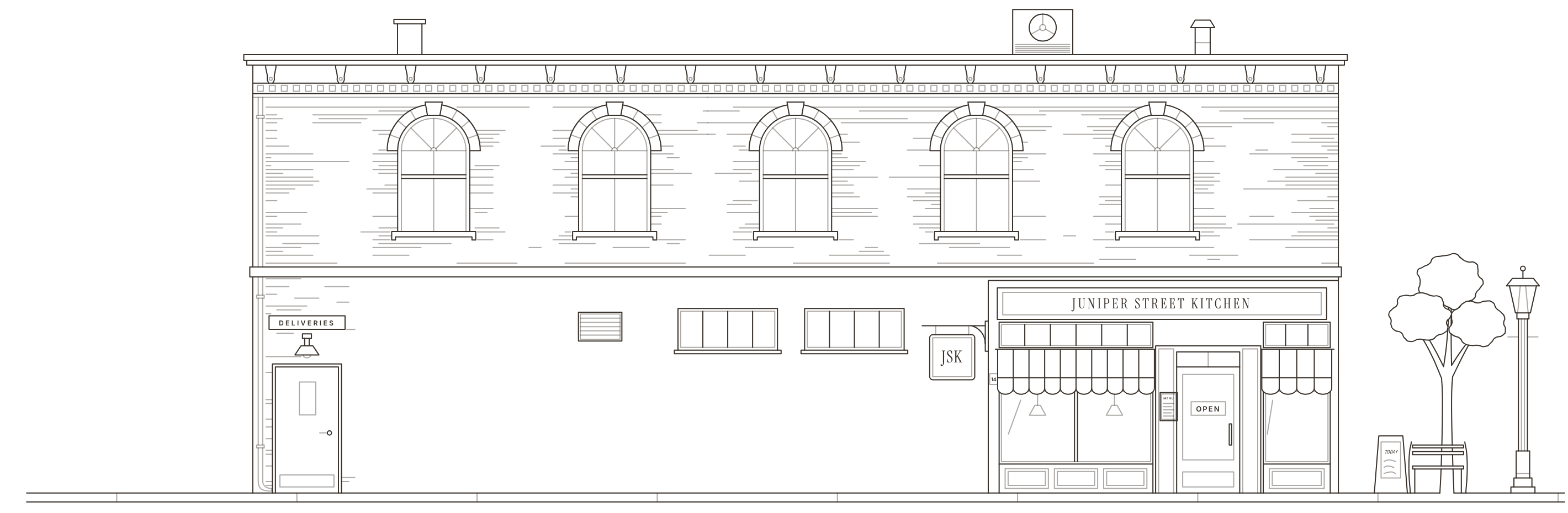 The restaurant building drawn in ink across the bottom of the page