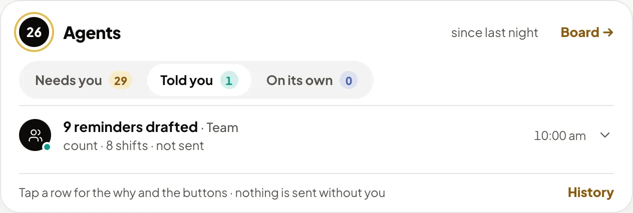 Told you, sample data: the Team agent drafted 9 reminders at 10 AM for a count and 8 shifts, not sent