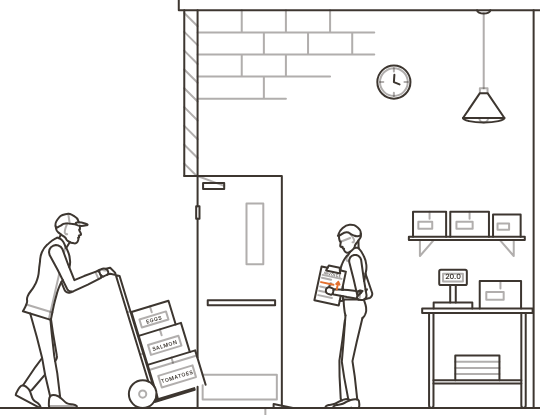 Line drawing of the back door: a driver with a hand truck and the manager checking an invoice