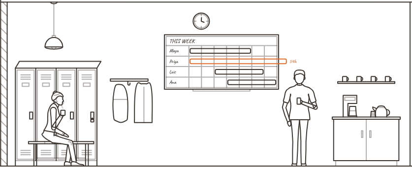 Line drawing of the crew room with lockers and the week’s schedule board