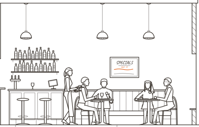Line drawing of the dining room with the bar, guests and a specials board