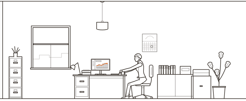 Line drawing of the office with the owner at a desk and a chart on the monitor